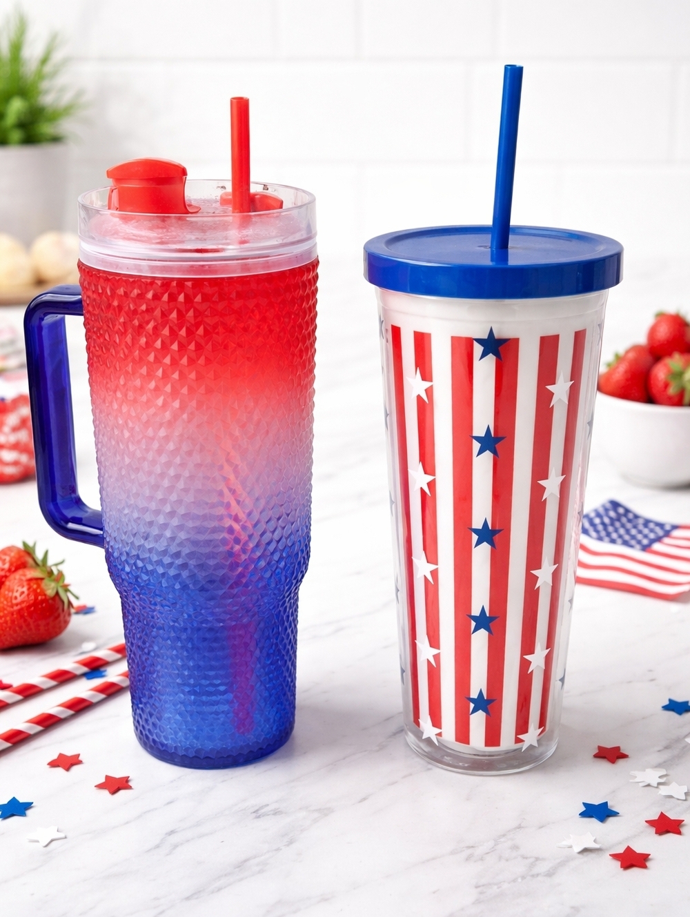 Patriotic Red & Blue Reusable Drink Tumbler with Straw New Cup America